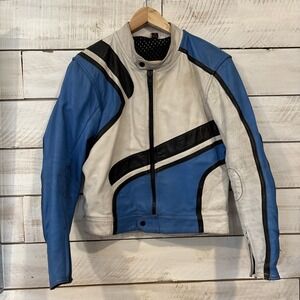 Vintage Motorcycle Jacket Leather Blue And White Retro Racing Motorcycle Sz L